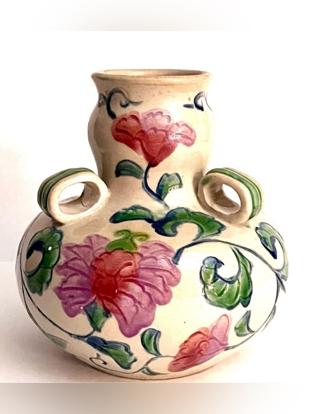 RARE Vintage Italian Hand Painted Triple Loop Handle Pottery Vase